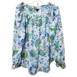 Talbots Womens Light Blue Floral Off The Shoulder Long Sleeve Top